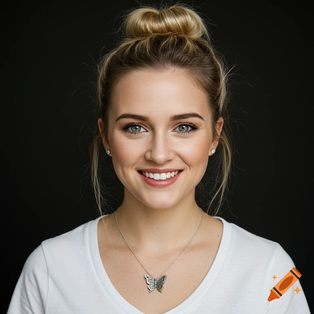A young woman with her blonde hair in a bun and a butterfly necklace smiles at the camera.
