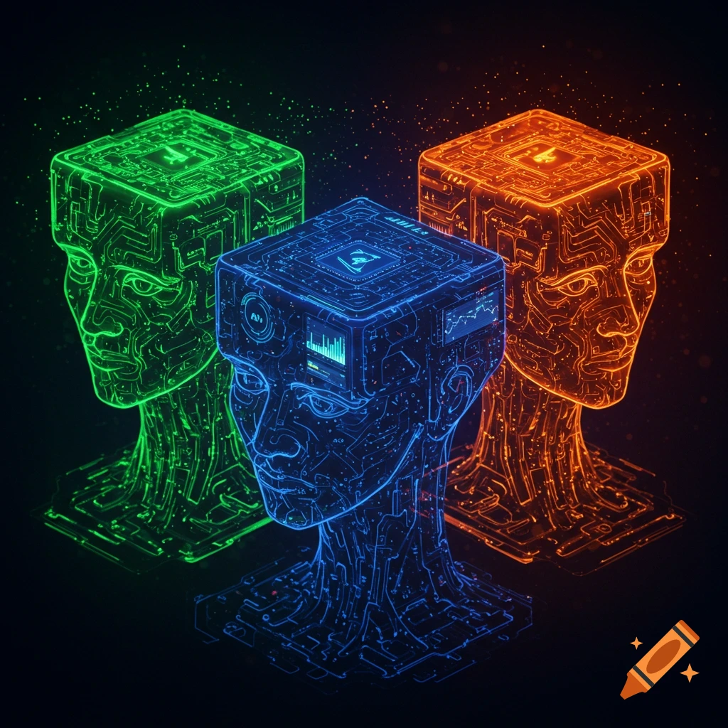 Three digital heads with circuitry glowing in green, blue, and orange on a dark background.