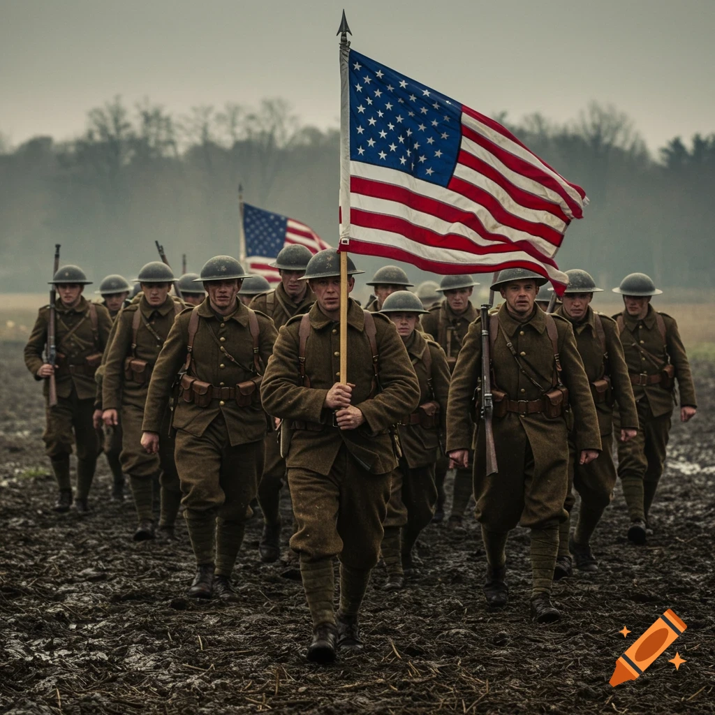 WWI soldiers march in a muddy field, led by a man holding a large American flag.