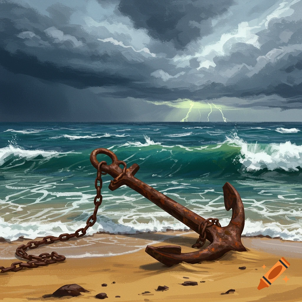 A rusty anchor rests on a beach beside a stormy sea with lightning in the sky.