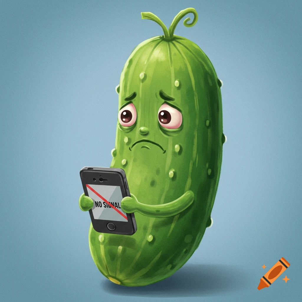 A sad cartoon cucumber holds a phone screen displaying 'NO SIGNAL'.