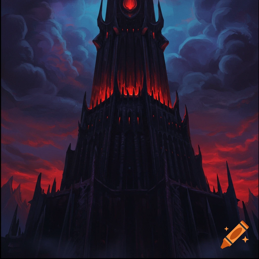 A dark fantasy tower stronghold under a red and dark sky.