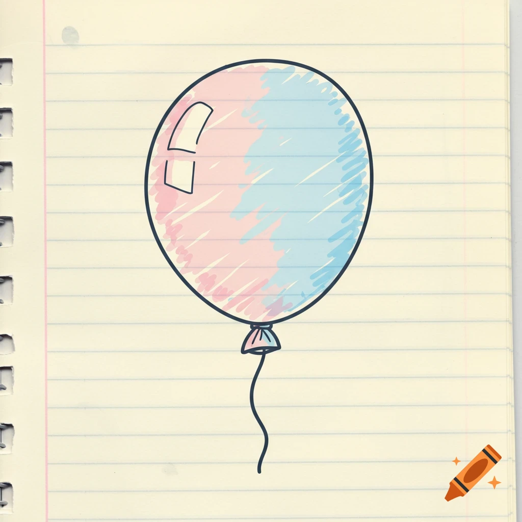 Hand drawn doodle of a balloon with pink and blue scribbles on lined notebook paper.