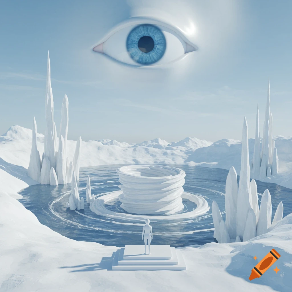 Surreal landscape with large eye in sky, ice spikes, circular structure, and small figure in blues and whites