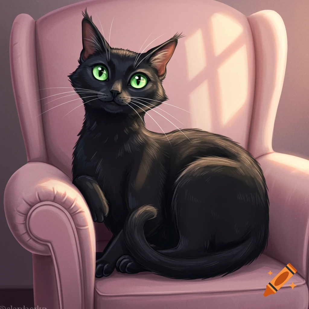 A black cat sits in a pink armchair with sunlight casting a shadow pattern.