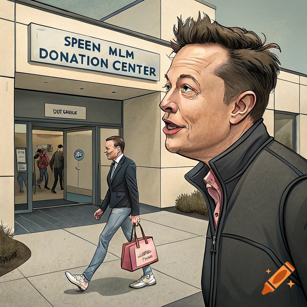 Caricature of Elon Musk walking past a building entrance labeled 'DONATION CENTER' where another person is entering.