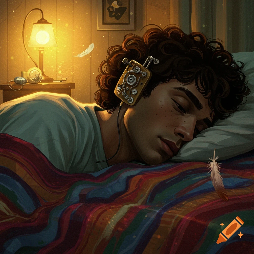 A person is sleeping with a device on their ear, recording dreams, in a warm bedroom.