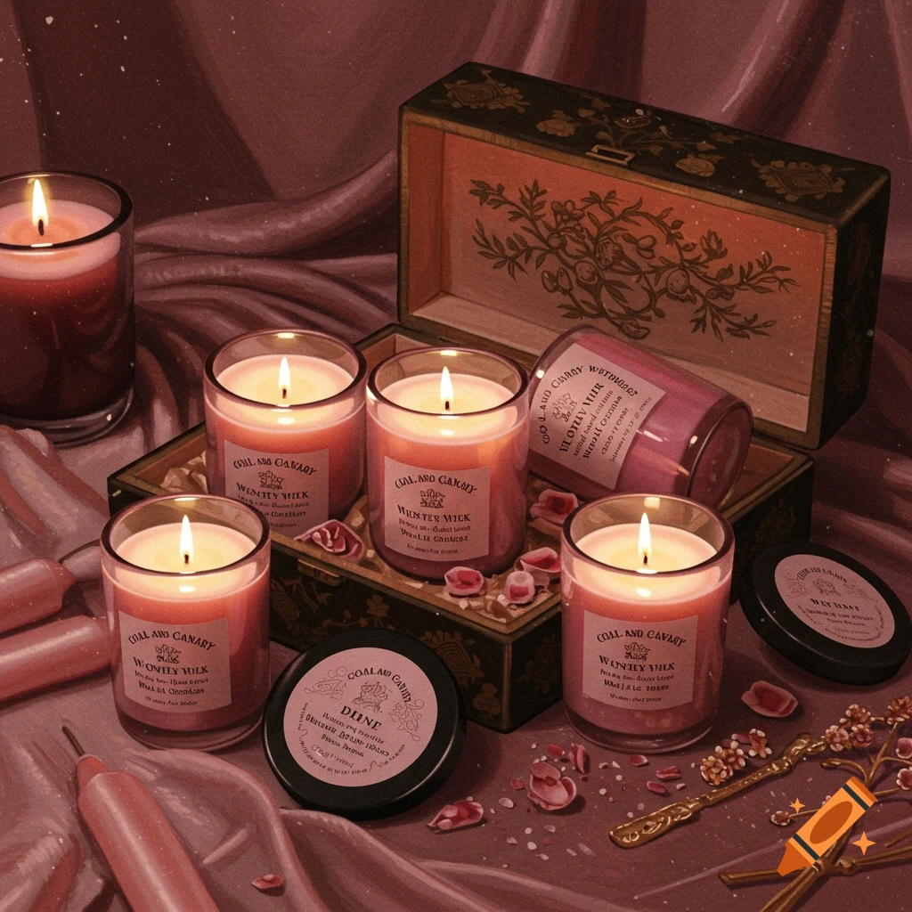 Candles, a decorative box, and fabric, with scattered petals.