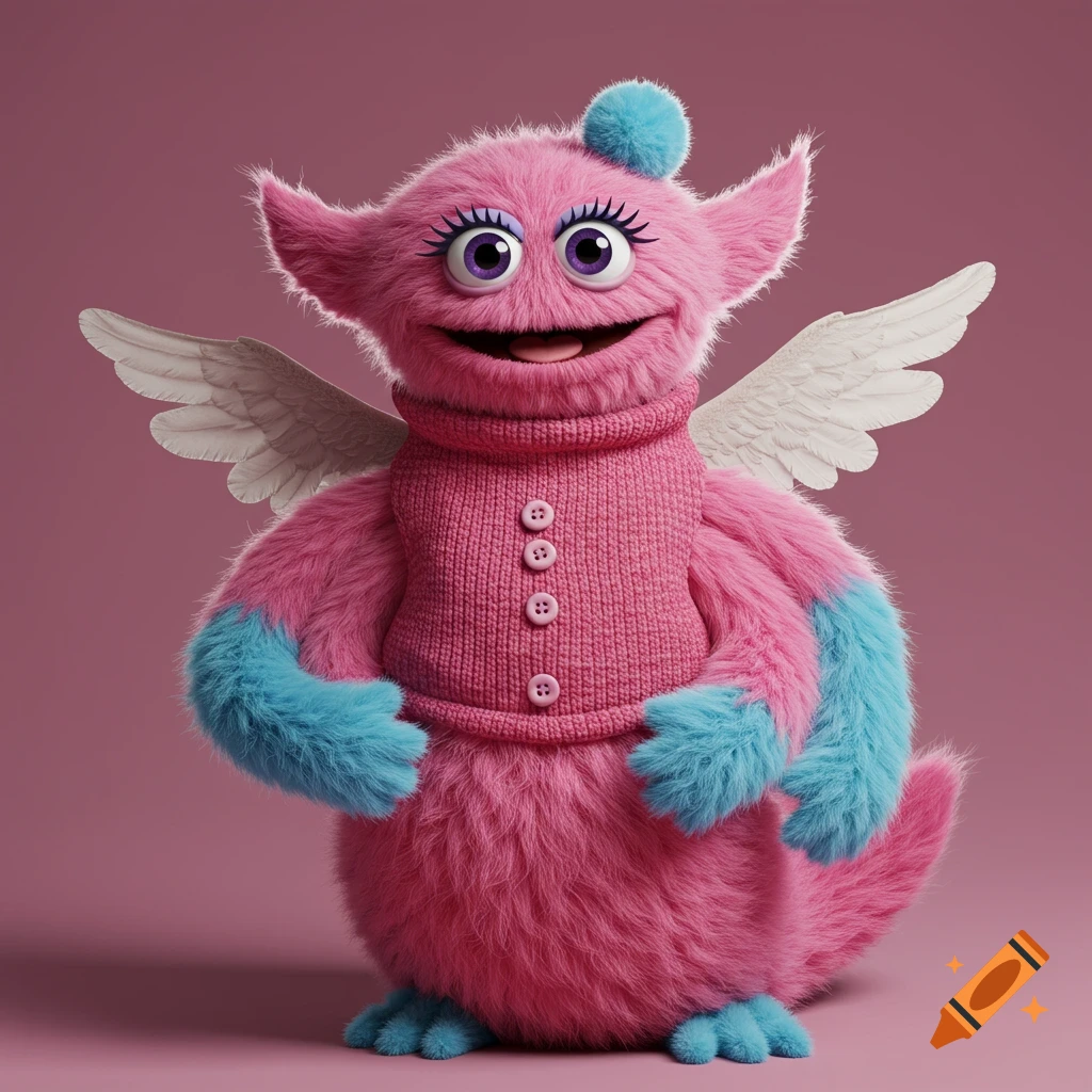 A fuzzy pink monster with blue hands and feet wears a pink sweater, has white wings, and a blue pom pom on its head.