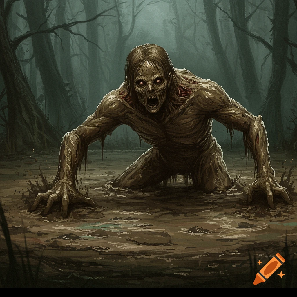 A creepy, gaunt humanoid creature with red eyes crawls from thick mud in a dark forest.