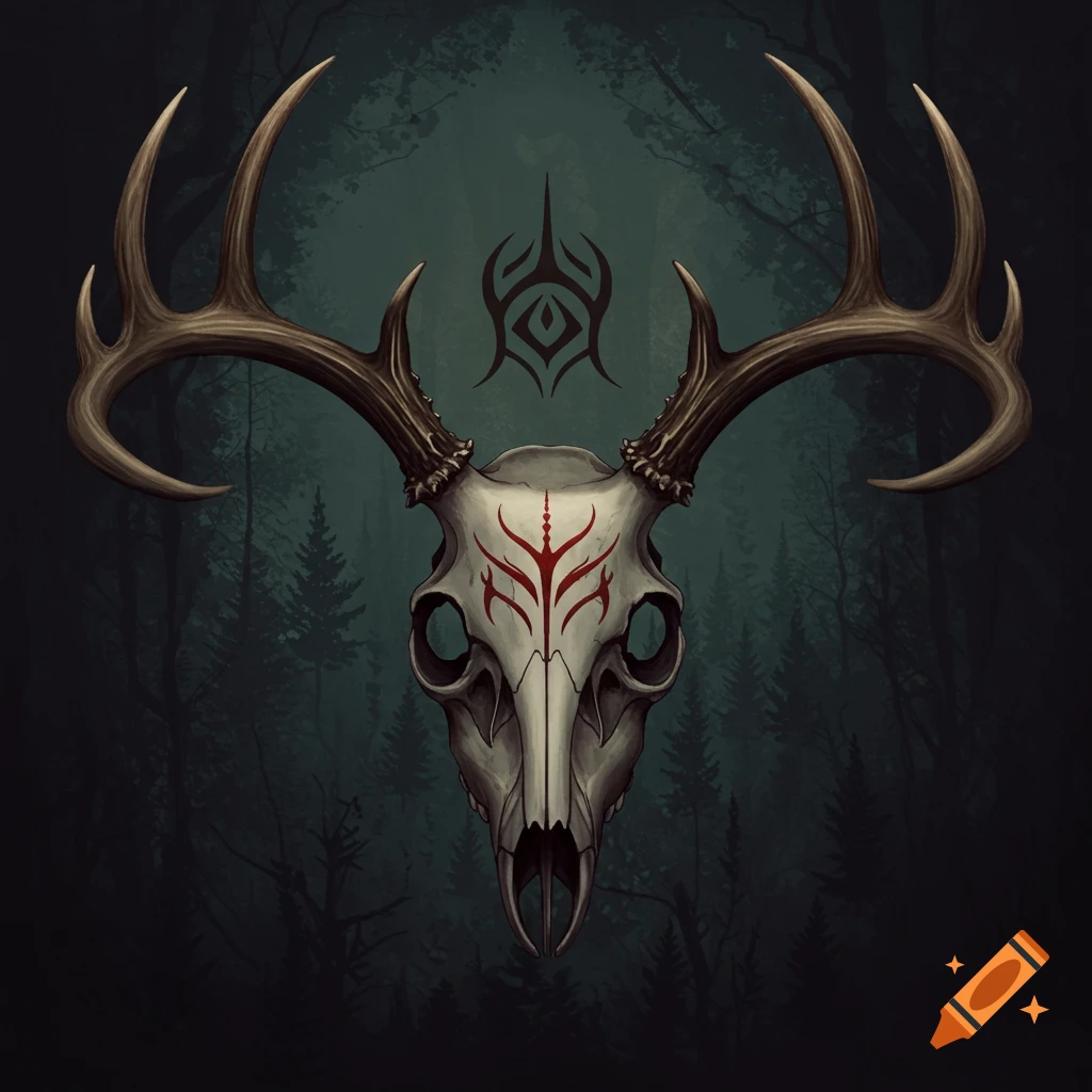 A deer skull with antlers and red markings against a dark forest backdrop.