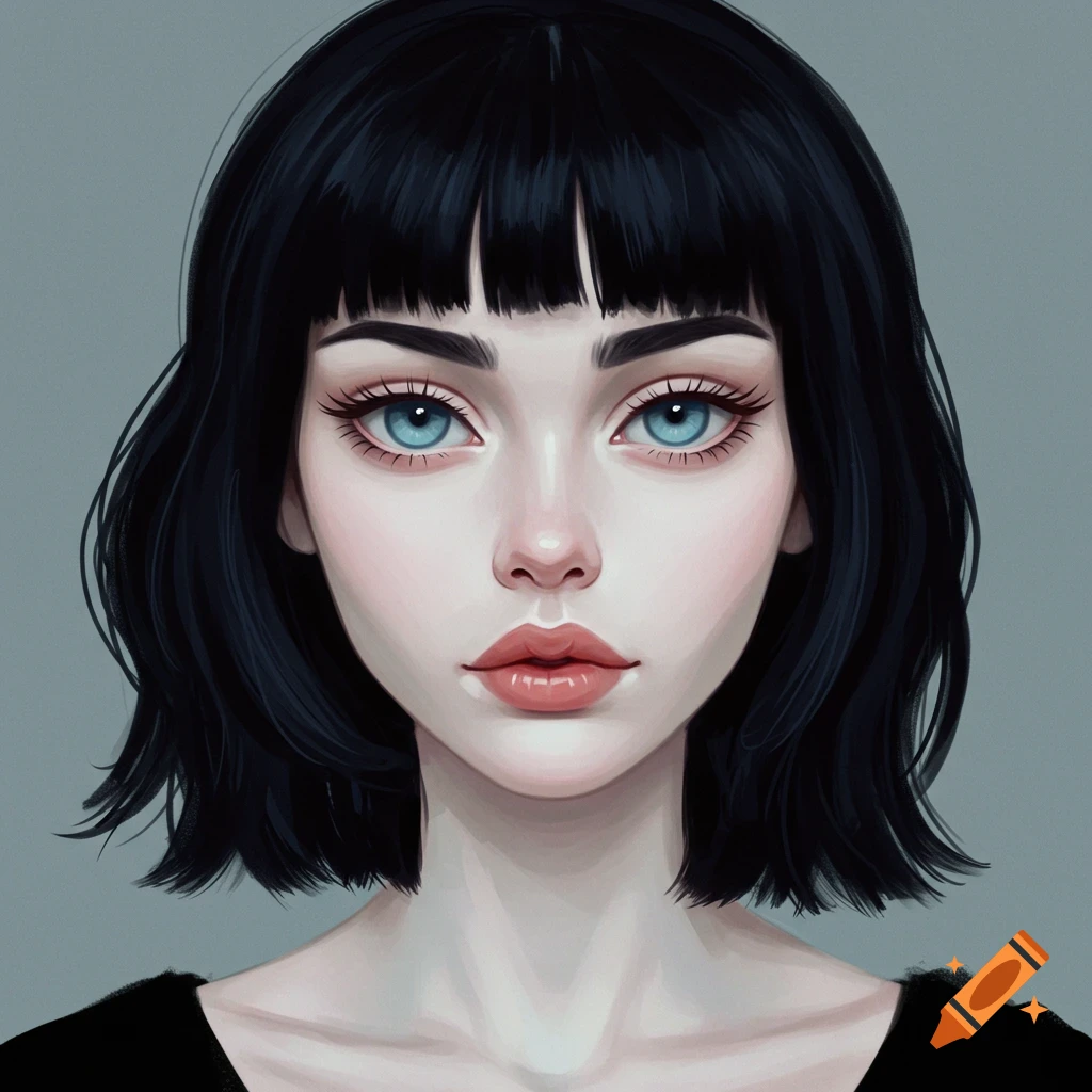 Portrait of a pale woman with blue eyes and black hair