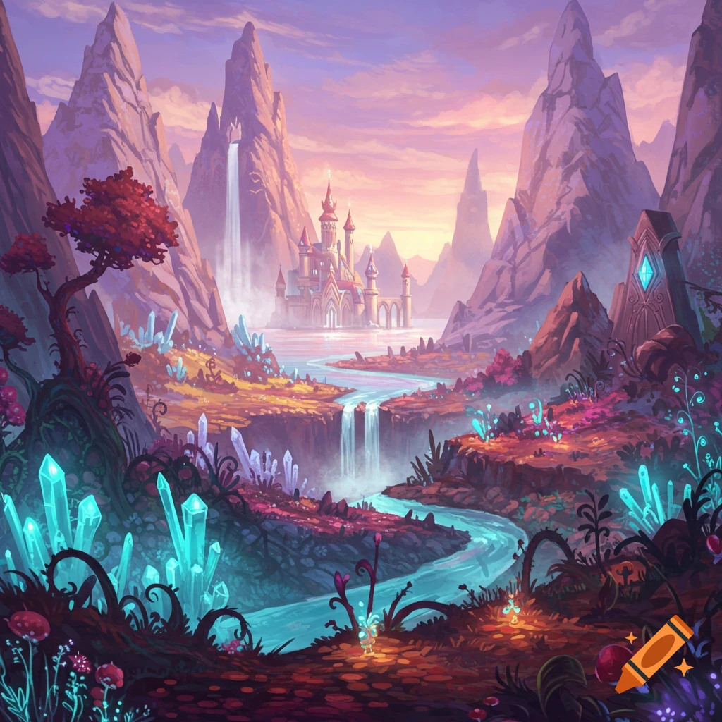 A fantasy landscape featuring a majestic castle, a winding river, cascading waterfalls, towering mountains, and luminous crystals.