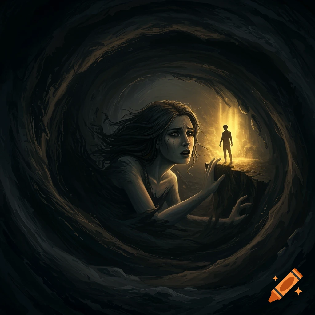A woman in a swirling dark void reaching towards a man standing in golden light.