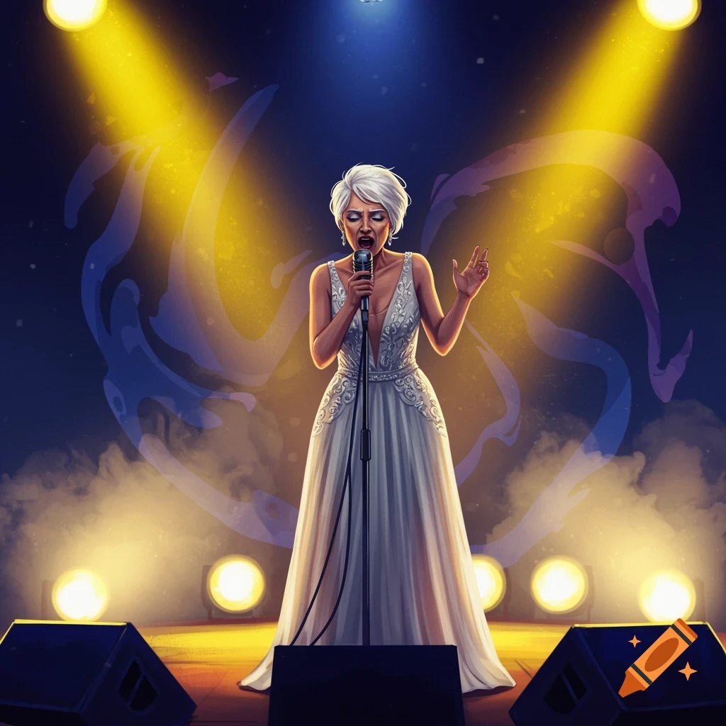 A woman with white hair sings into a microphone on a stage bathed in golden light.