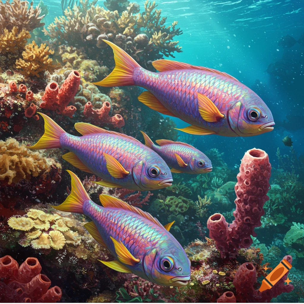 Colorful fish swim near a vibrant coral reef underwater.
