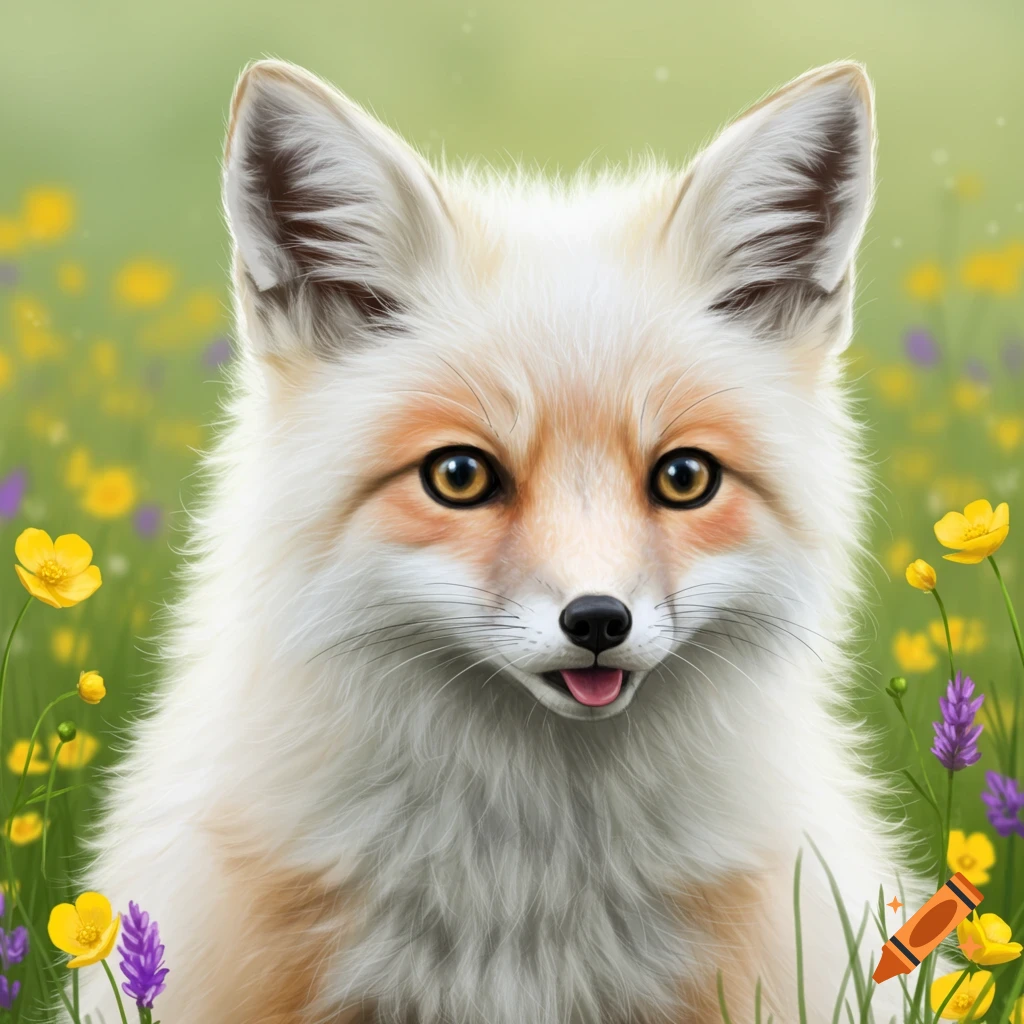 A cute white fox looks forward in a field of yellow and purple flowers.