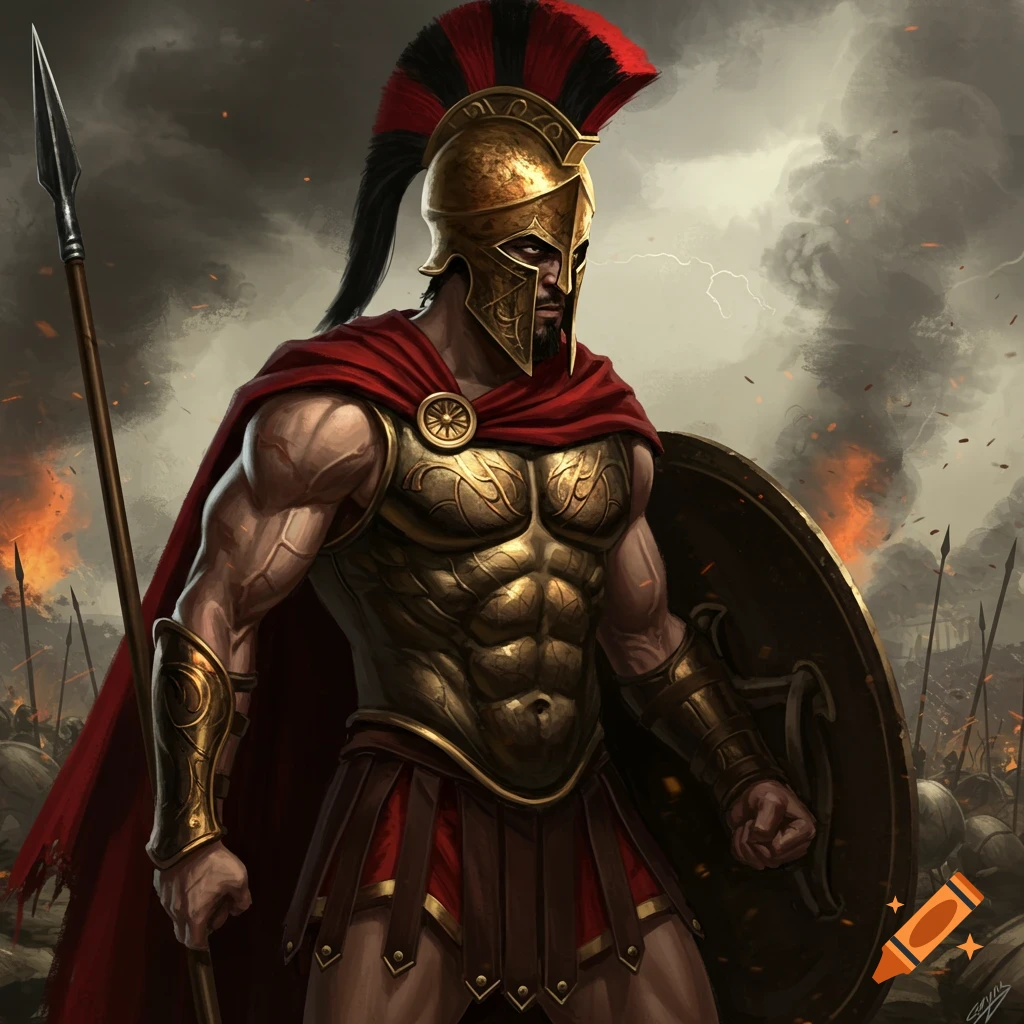 A spartan warrior in golden armor holding a spear and shield on a battlefield.
