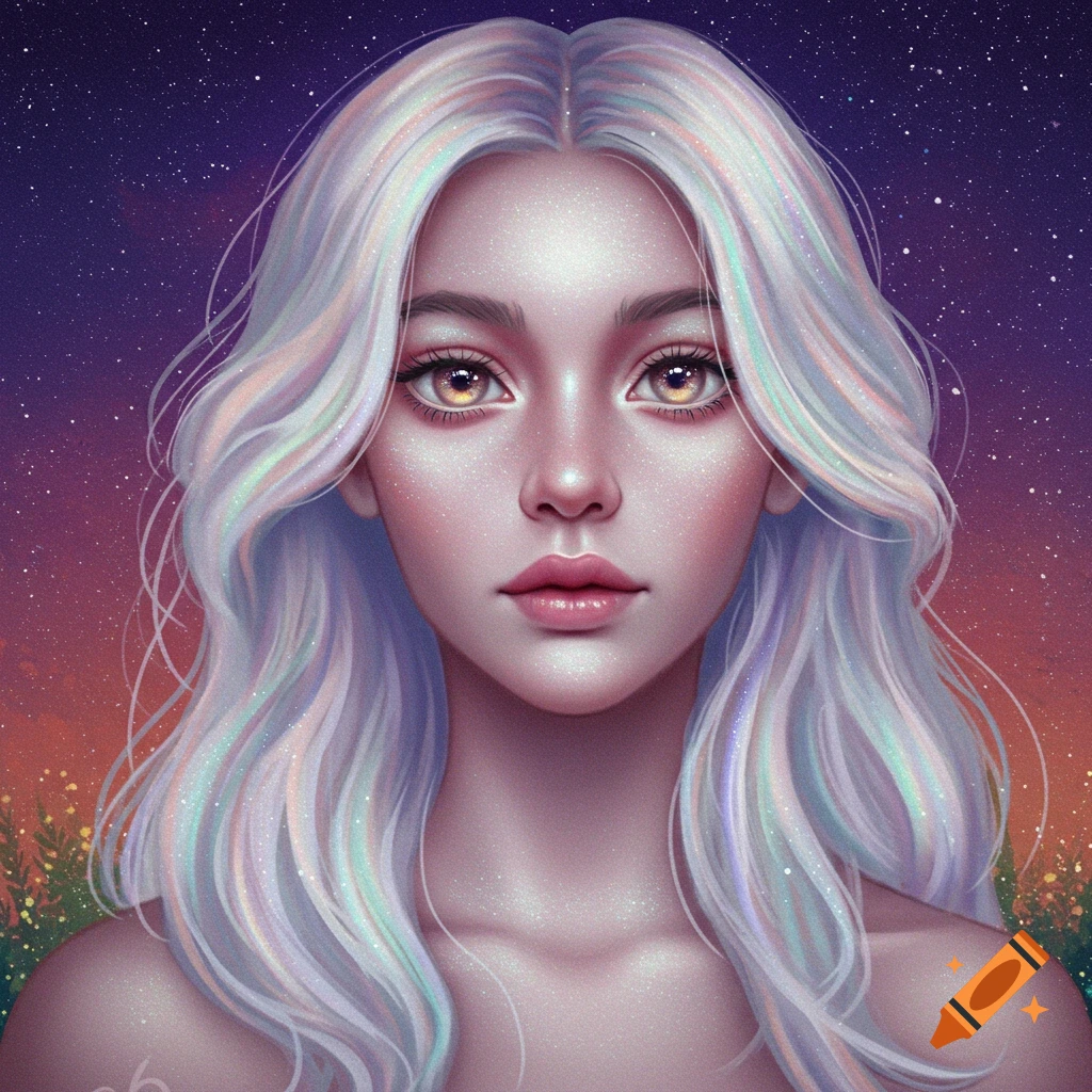 Fantasy portrait of a woman with iridescent skin, white hair, golden eyes, and a starry background.