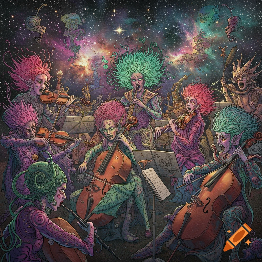 A psychedelic orchestra of fantasy creatures playing in outer space.