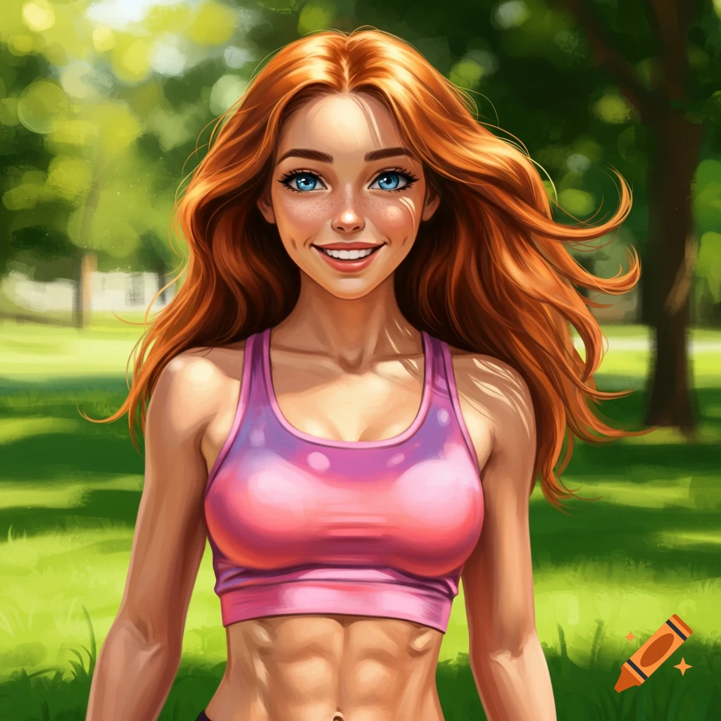 A smiling woman with red hair and blue eyes in a pink sports bra, showing her abs, in a park