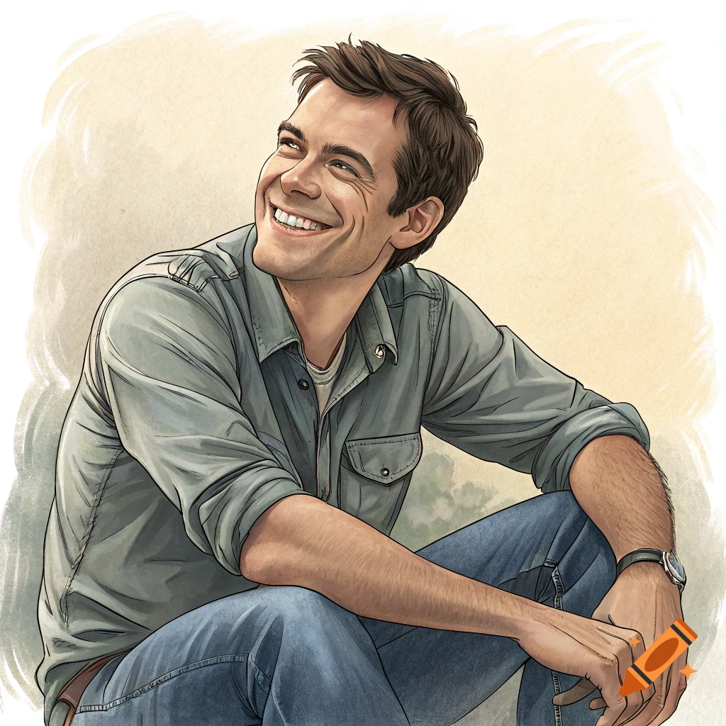 Illustrated portrait of a smiling man sitting down, looking up