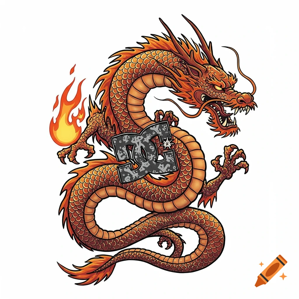 Illustration of an orange dragon wrapped around a grey DC logo with fire
