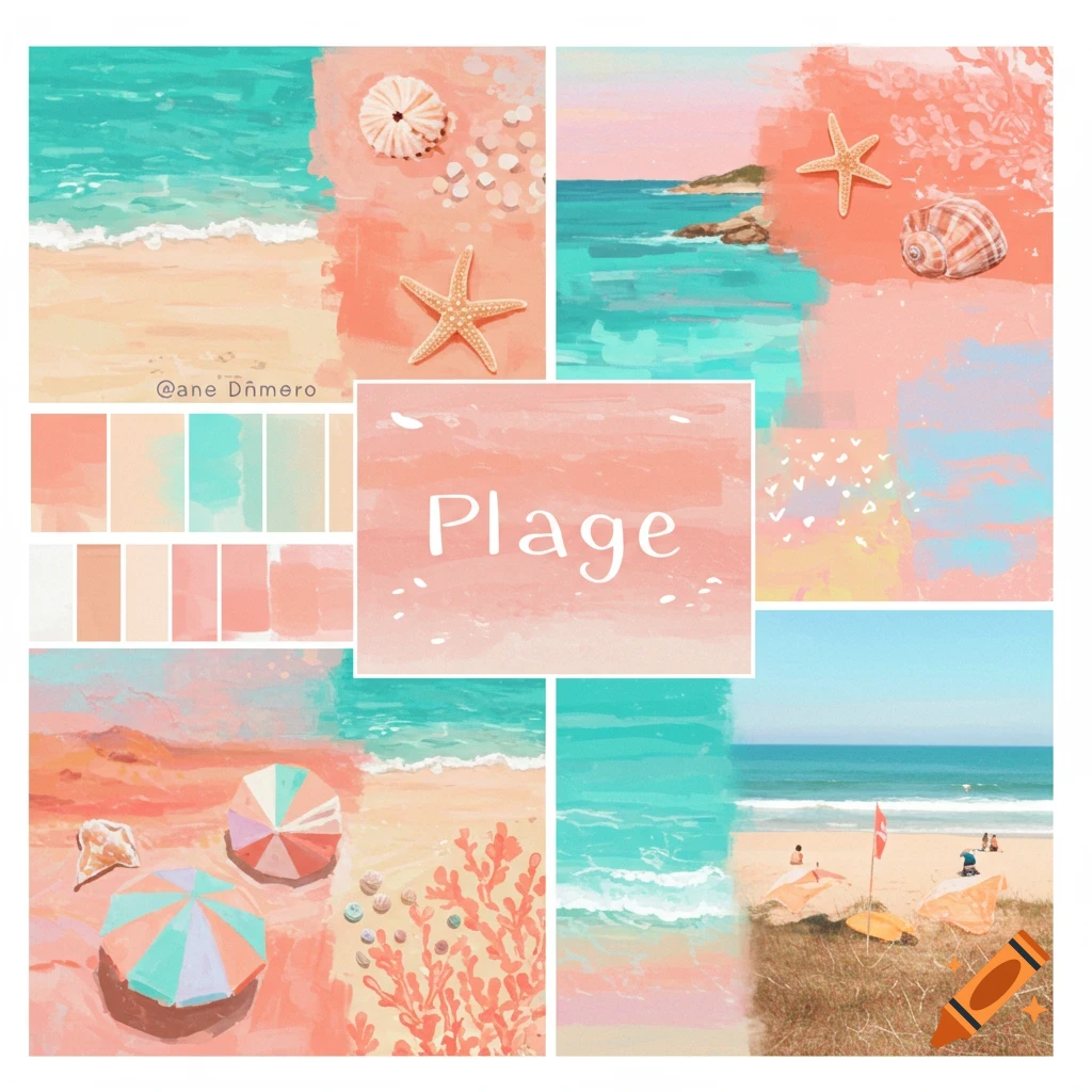 Moodboard of beach scenes with sand, water, shells, starfish, and beach umbrellas.