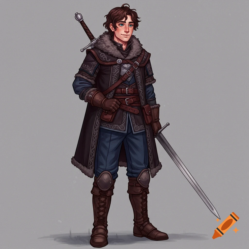 A young male adventurer in fantasy gear holding two swords.