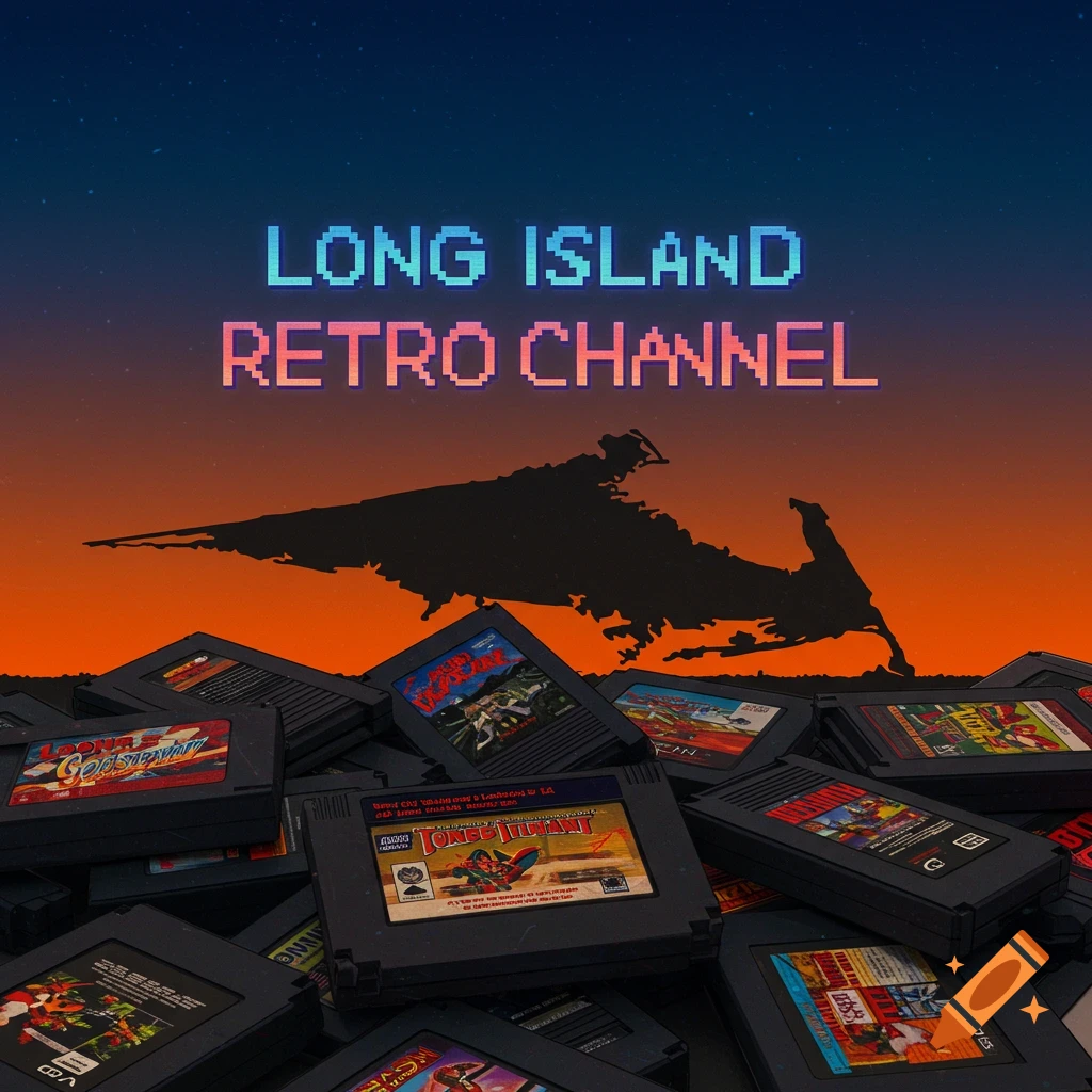 Silhouette of Long Island over retro video game cartridges with pixelated text 'Long Island Retro Channel' at sunset.