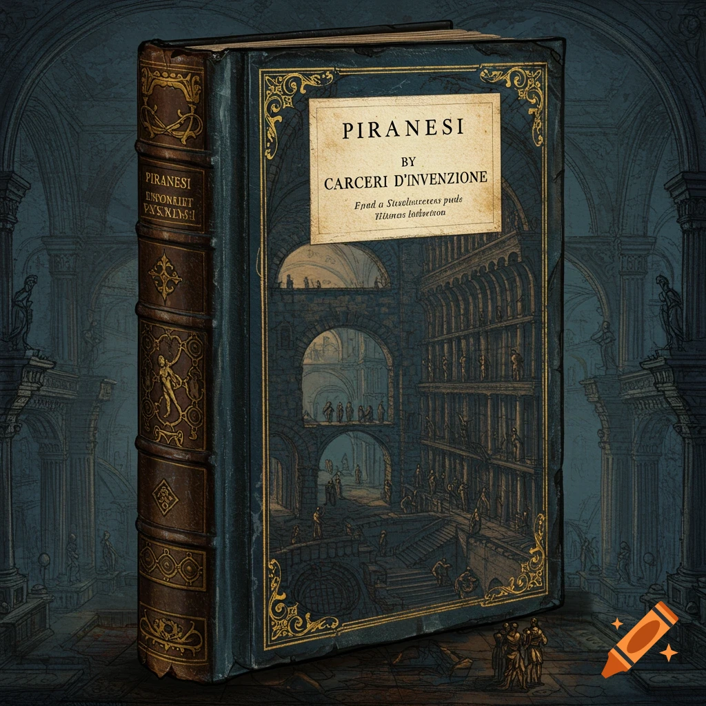 An old, ornate book titled 'Piranesi by Carceri d'Invenzione', featuring an illustration of complex, multi-level architectural prisons.