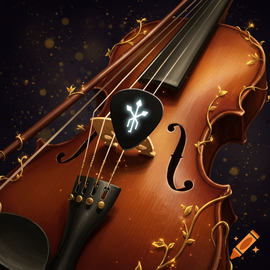 Close-up of a magical violin entwined with glowing golden vines and a symbolic pick.