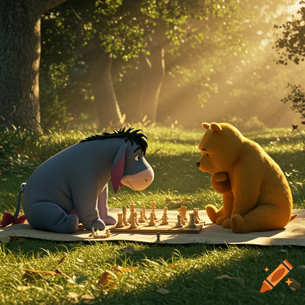 Eeyore and Pooh Bear play chess in a sunny forest clearing, cinematic style.