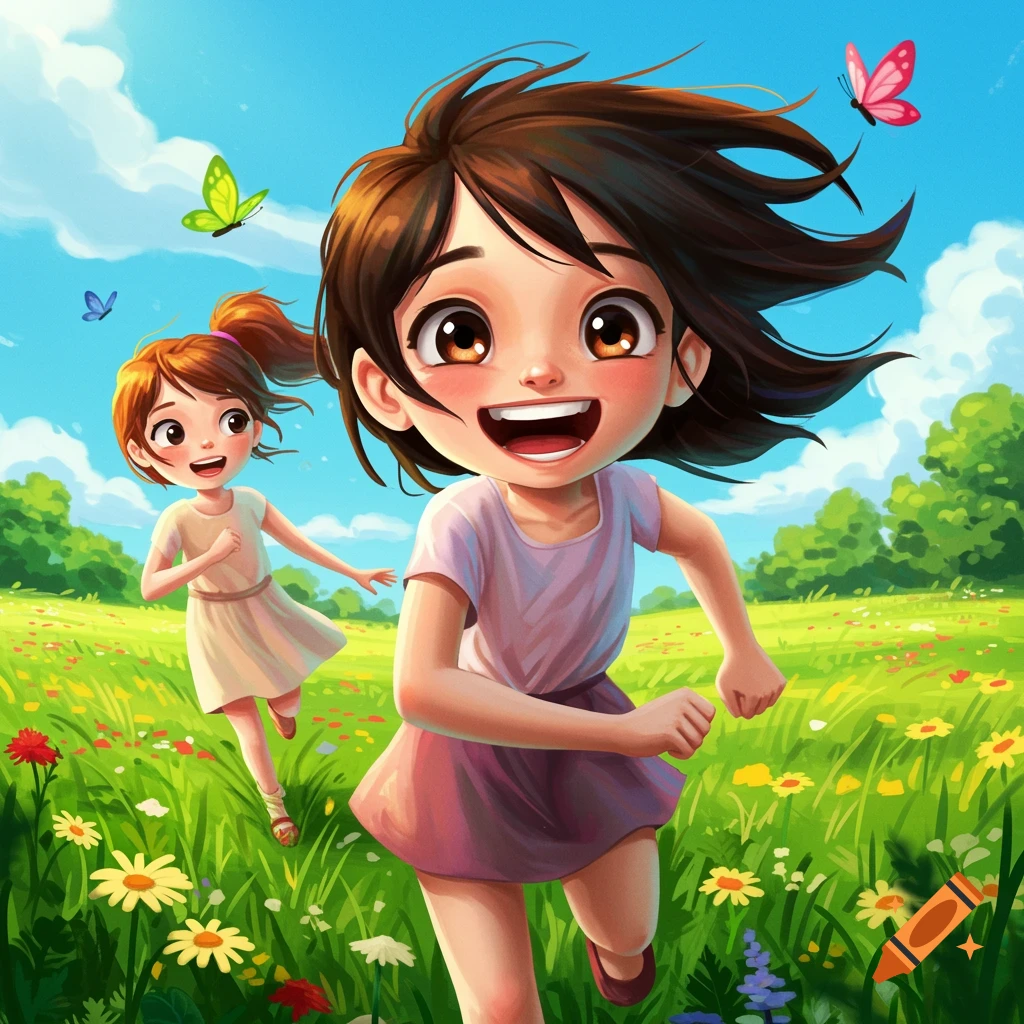 Two cheerful girls run through a sunny meadow with butterflies in a vibrant scene.