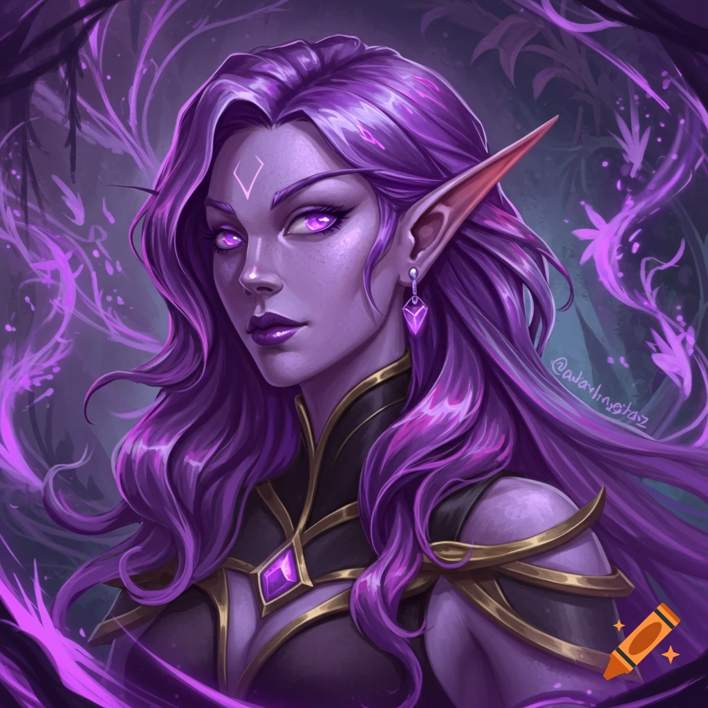 Portrait of a female fantasy character with purple skin, long purple hair, and pointy ears, against a purple background.