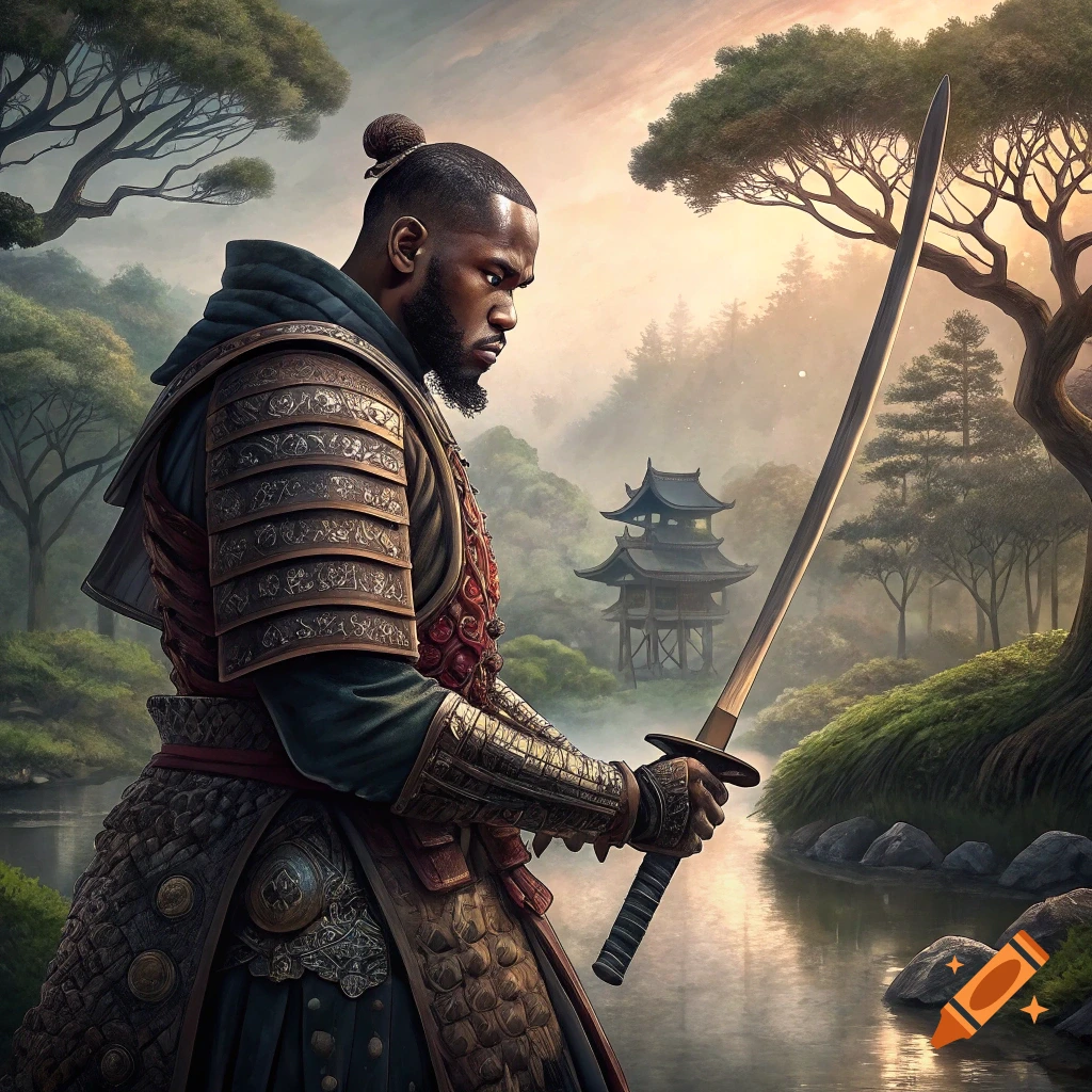 Lebron James depicted as a samurai standing by a river with a sword in a landscape.