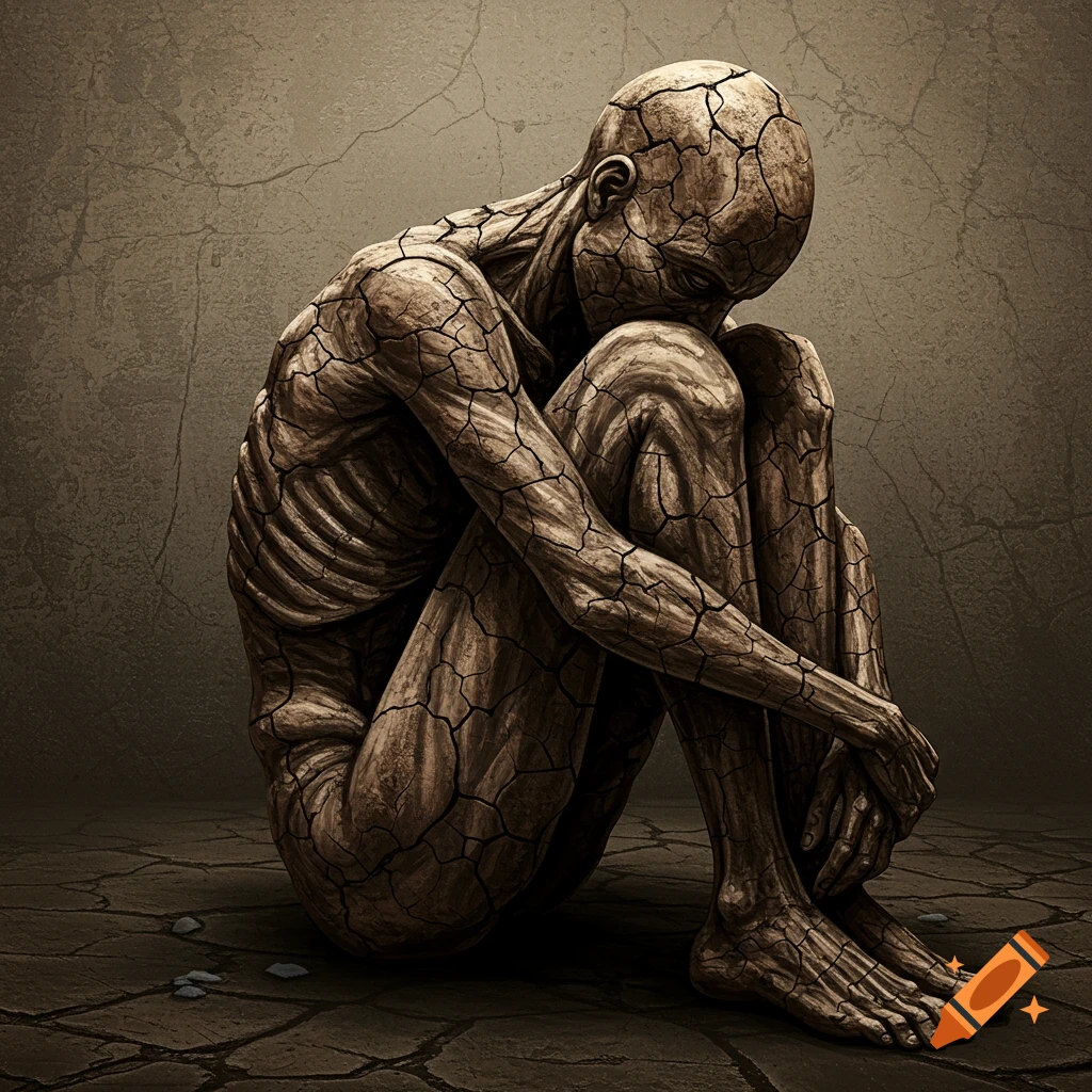 A hunched, emaciated figure with skin like cracked dry earth sits in a barren environment.