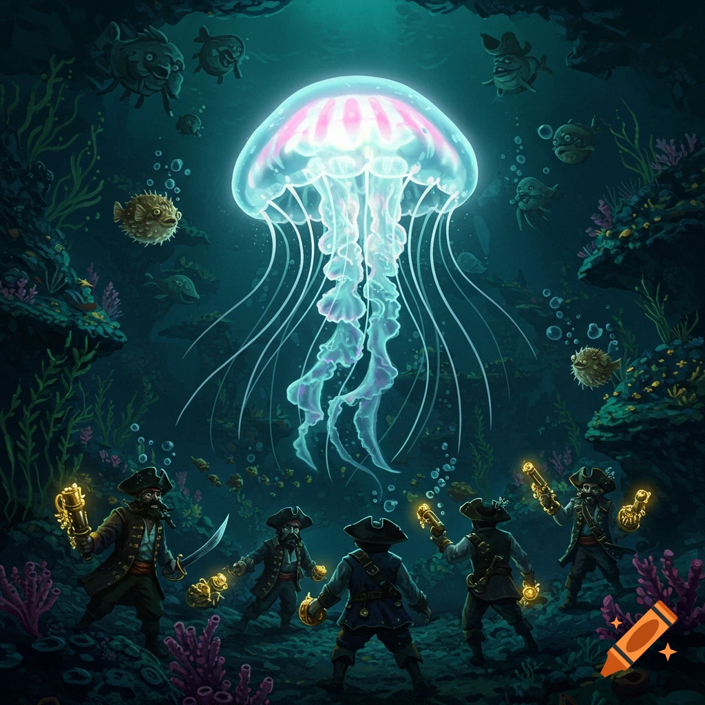 Pirates looking up at a large glowing jellyfish on the ocean floor.