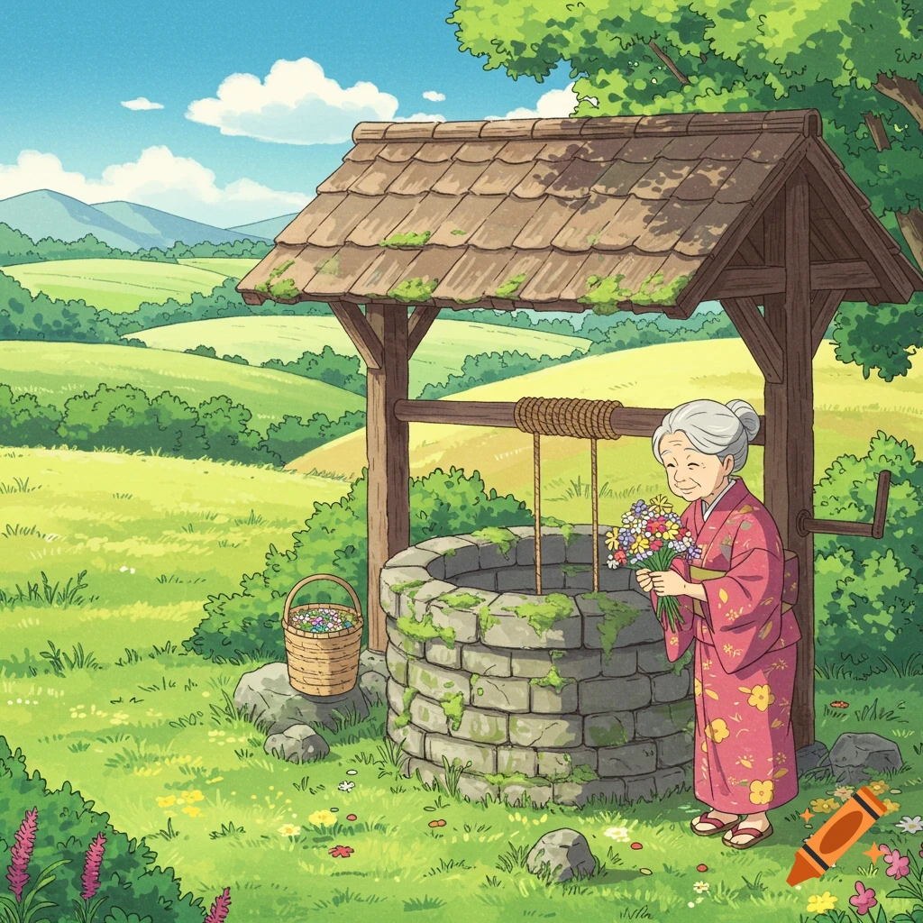 Anime illustration of an old woman in a kimono holding flowers by a well in a grassy field with hills.