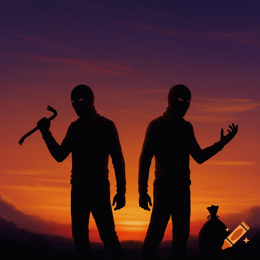 Silhouette of two masked figures holding a crowbar next to a bag against a sunset.