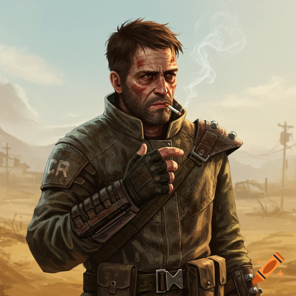 A weathered man smoking in a desert wasteland, wearing military gear.