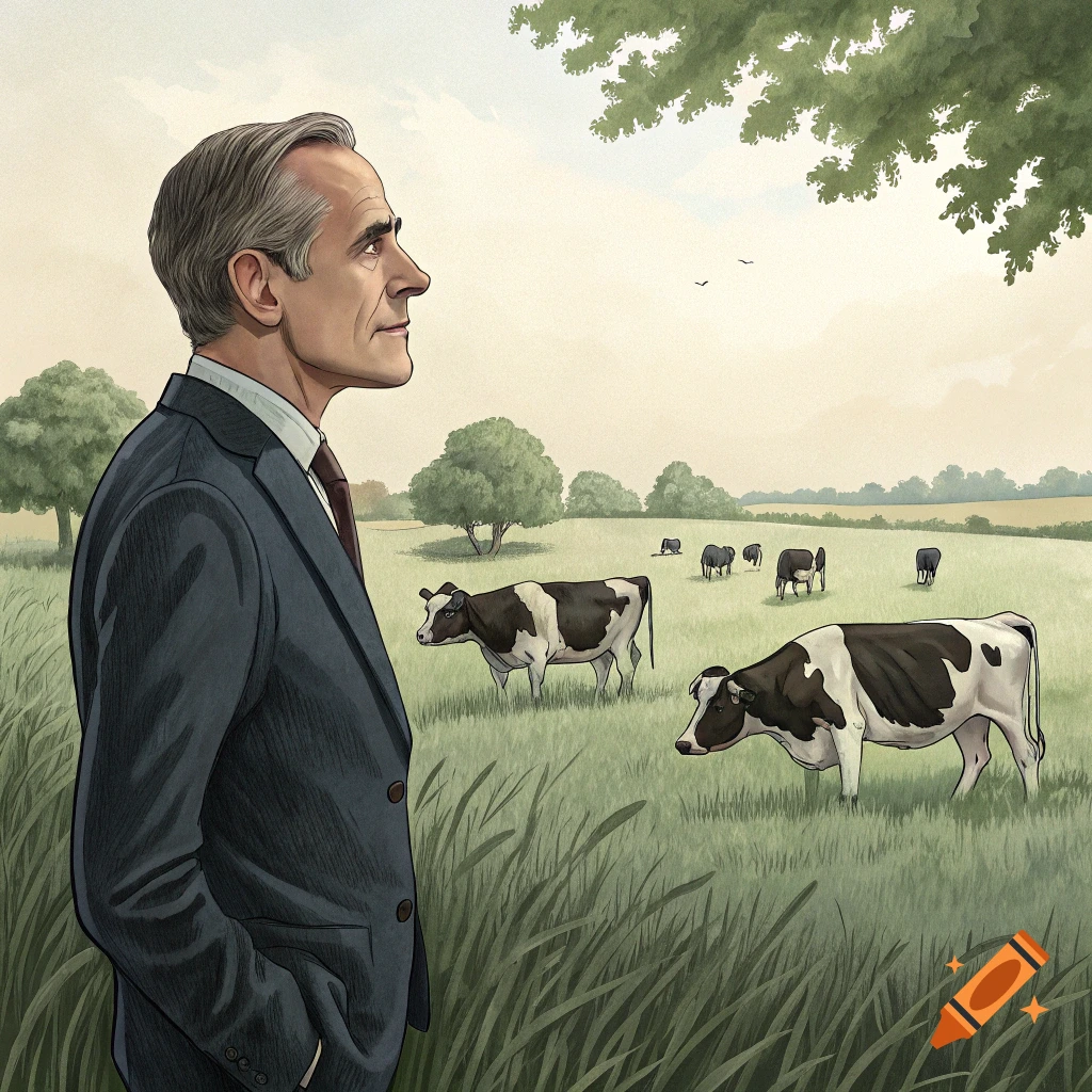Illustration of a man in a suit looking over a field with cows.