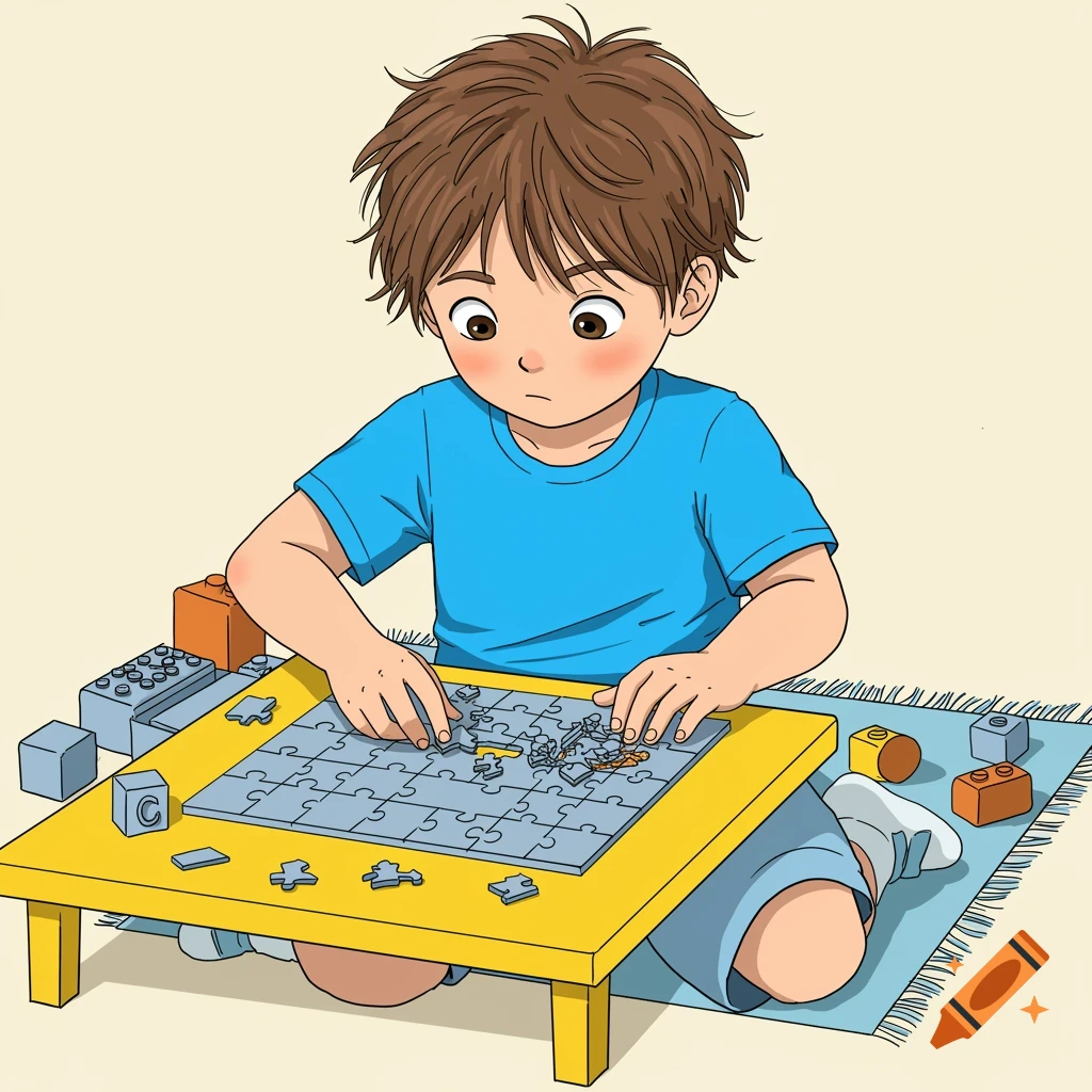 Line art illustration of a child doing a puzzle on a yellow table with toy blocks.
