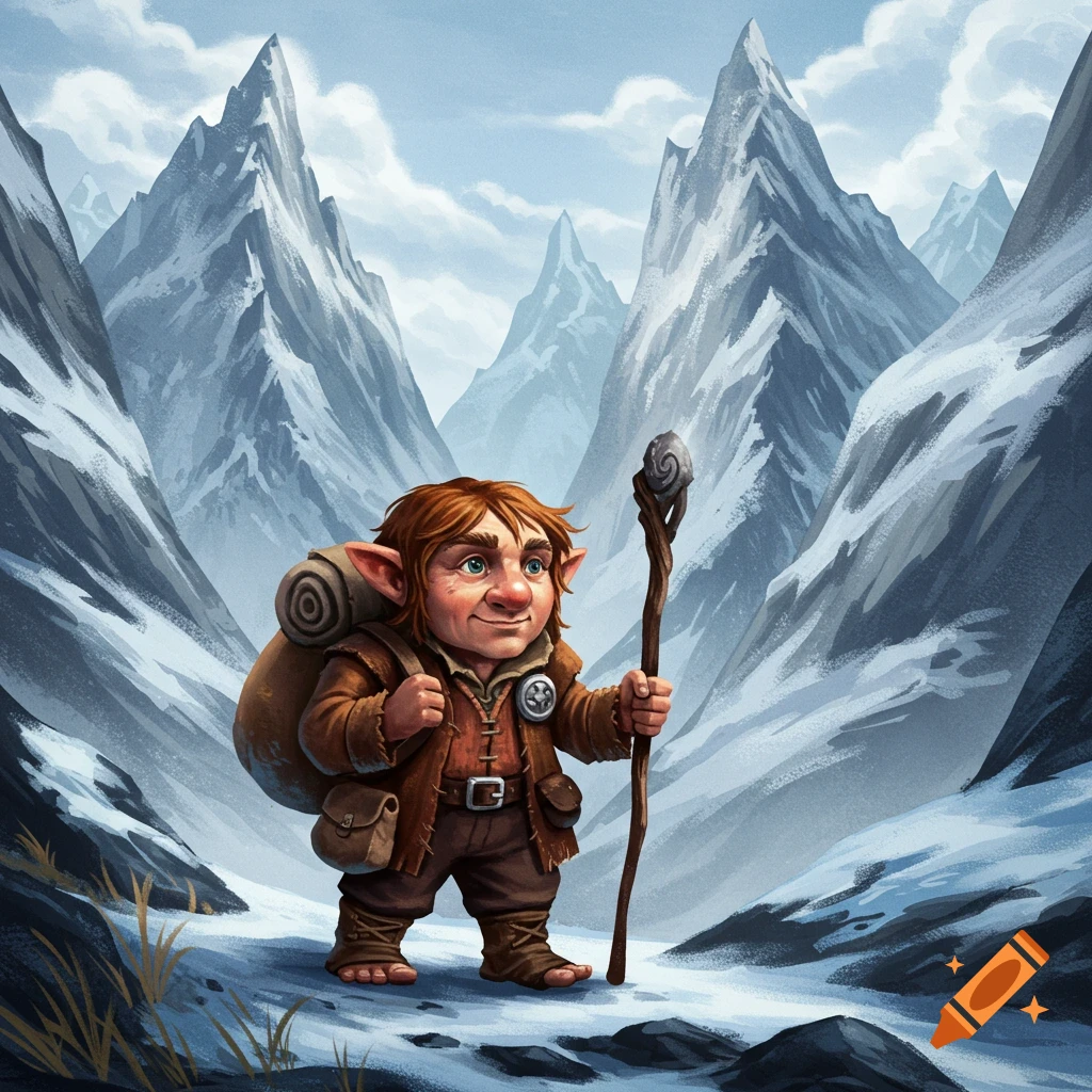 A small hobbit-like hero with a backpack and staff stands in a snowy mountain pass.