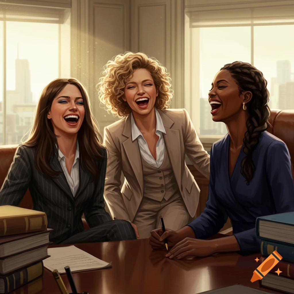Three women are laughing during a meeting in an office.