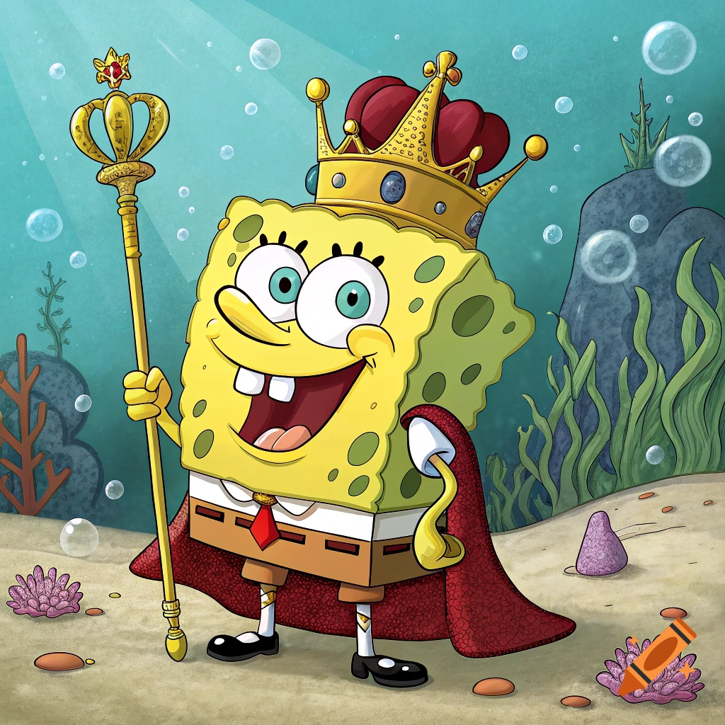 Spongebob Squarepants wears a crown and red cape, holding a scepter underwater.