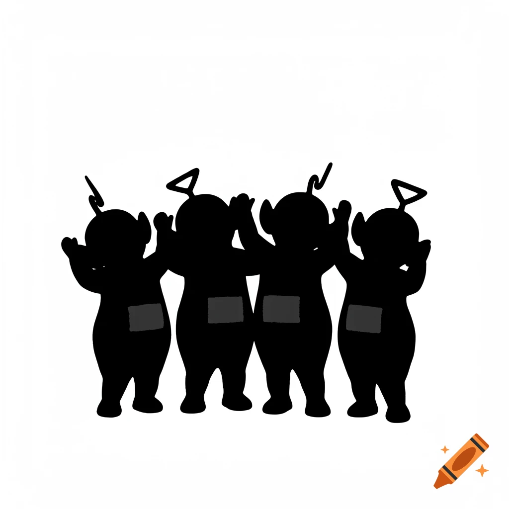 Four black silhouettes of Teletubbies with arms raised against a white background