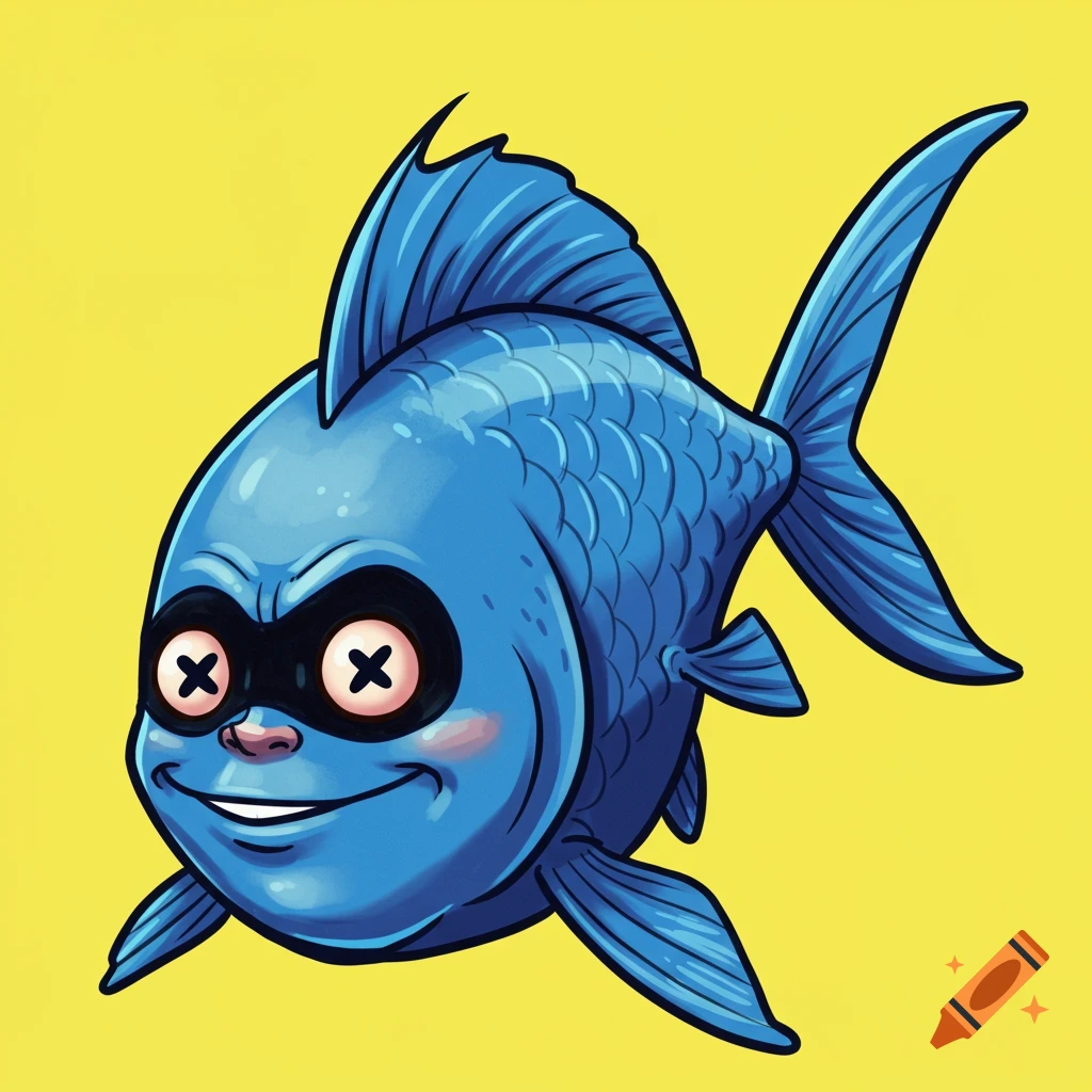 Cartoon illustration of a blue fish wearing a black mask over its eyes with red Xs, smiling on a yellow background.