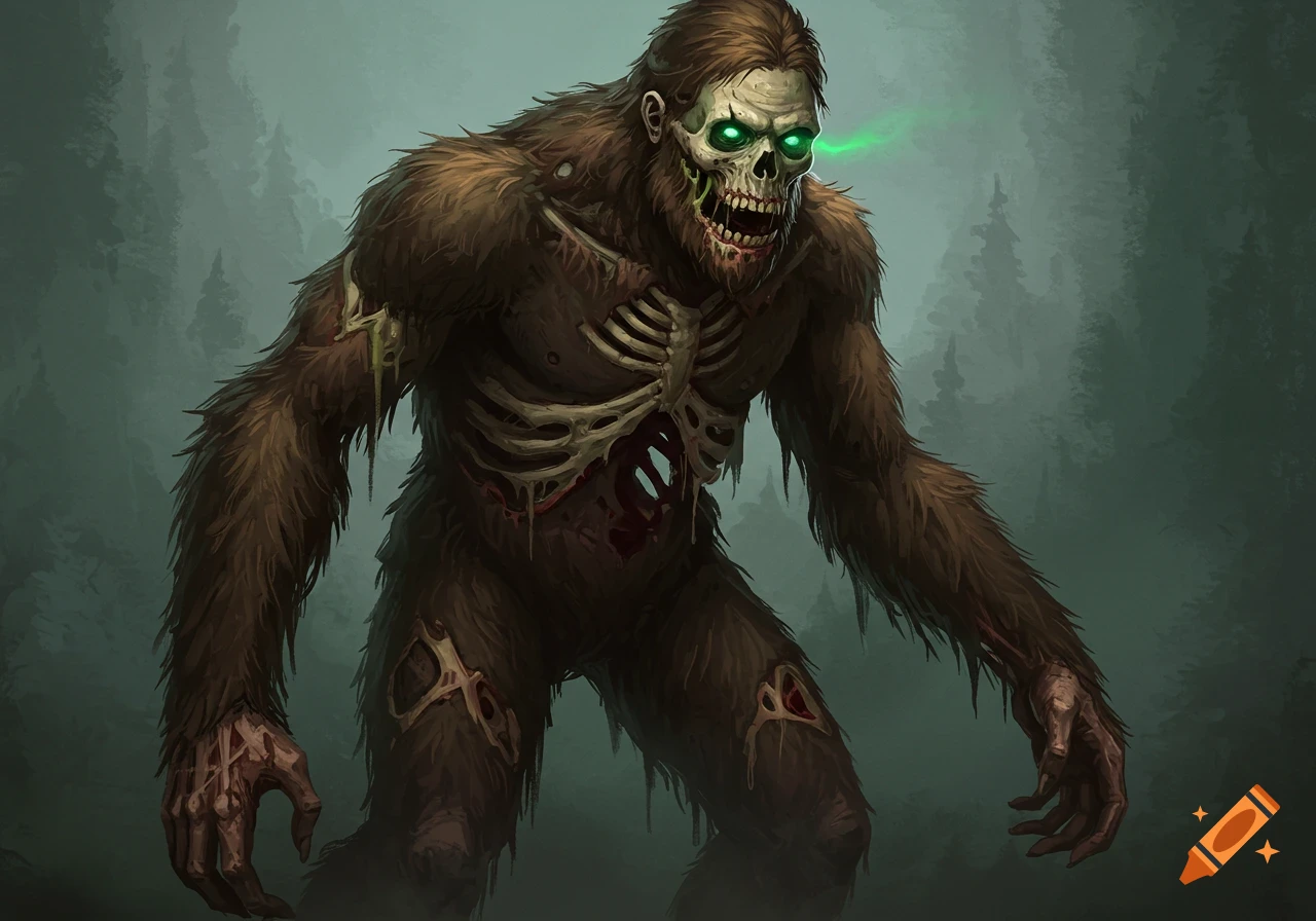 An undead bigfoot with exposed ribs and glowing eyes stands in a forest.