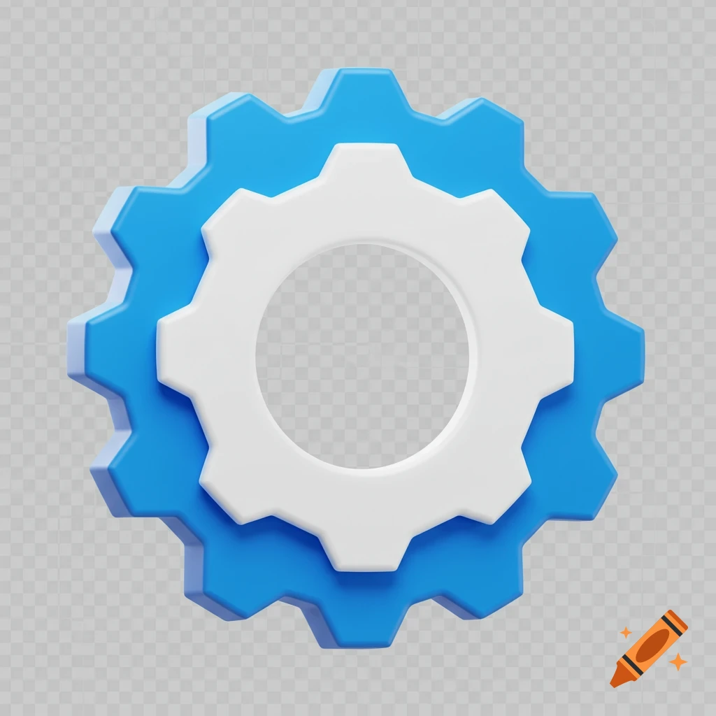 A 3D rendered blue and white gear icon.